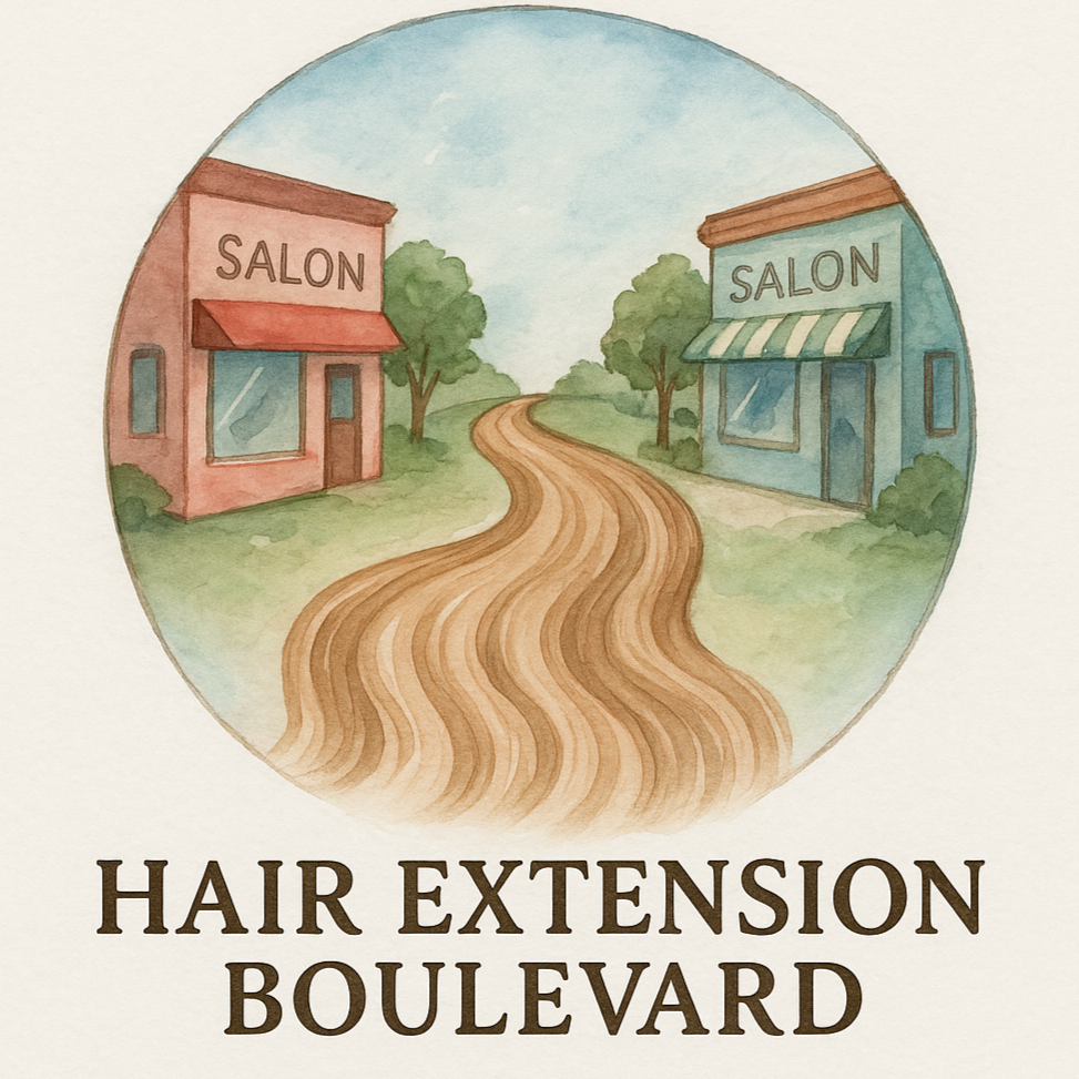 Illustration of two salon buildings with a road leading to them, labeled 'Hair Extension Boulevard'.